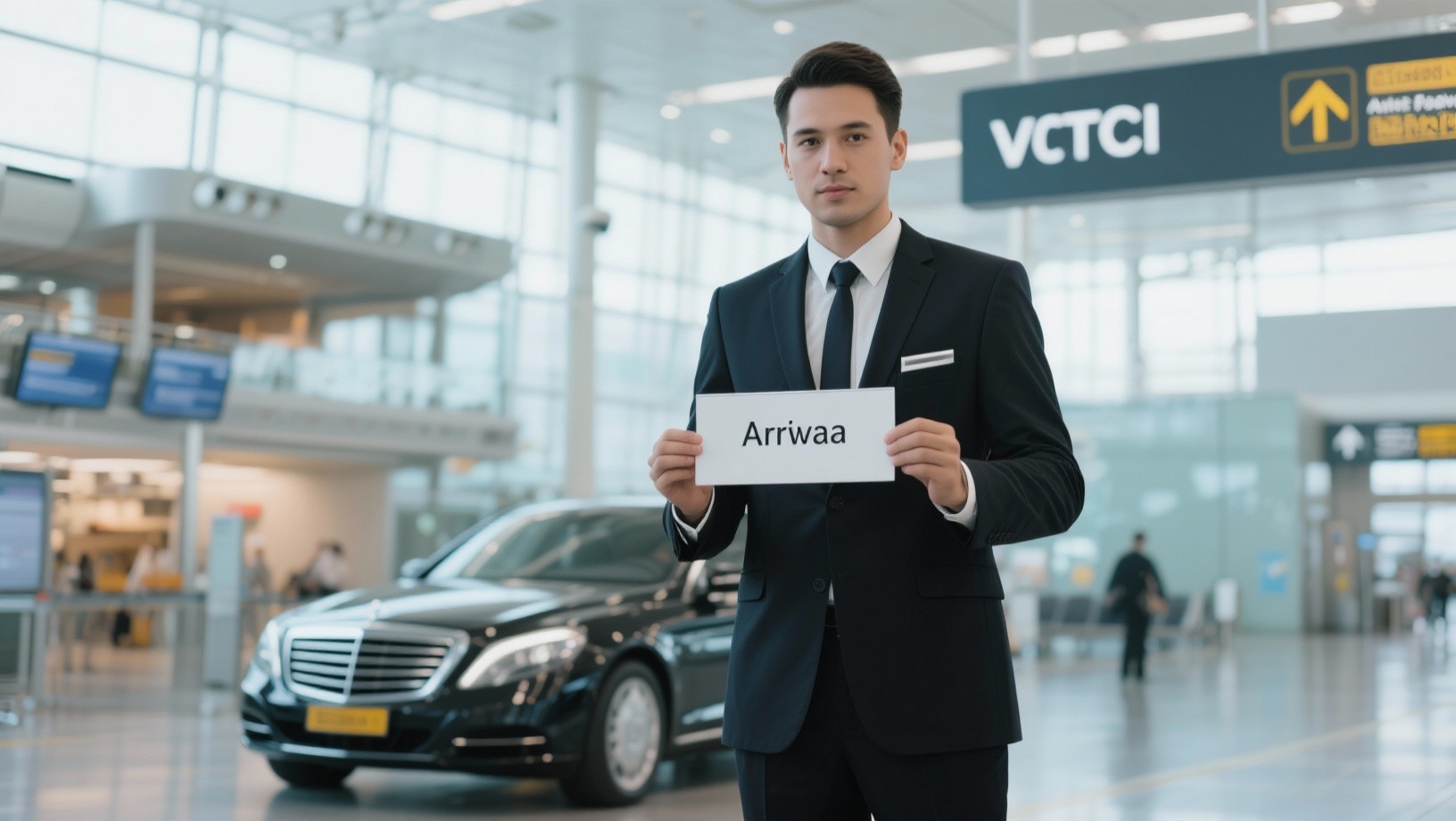 Chauffeur VTC aidant un passager avec ses bagages devant une berline