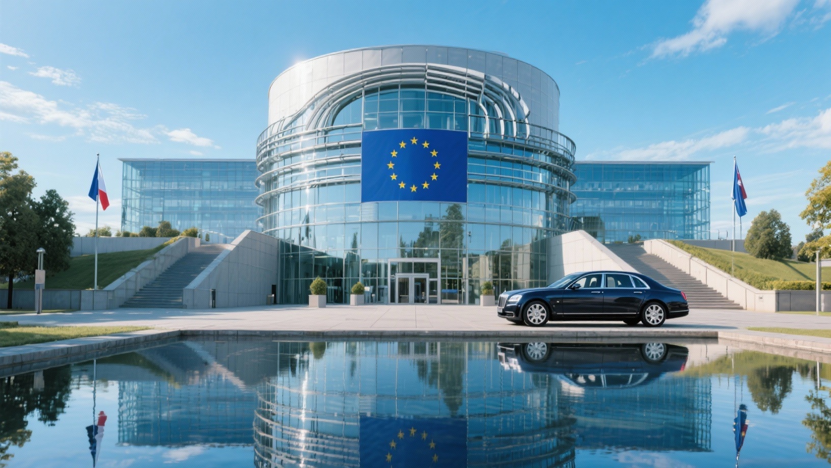Parlement européen de Strasbourg avec berline VTC garée devant